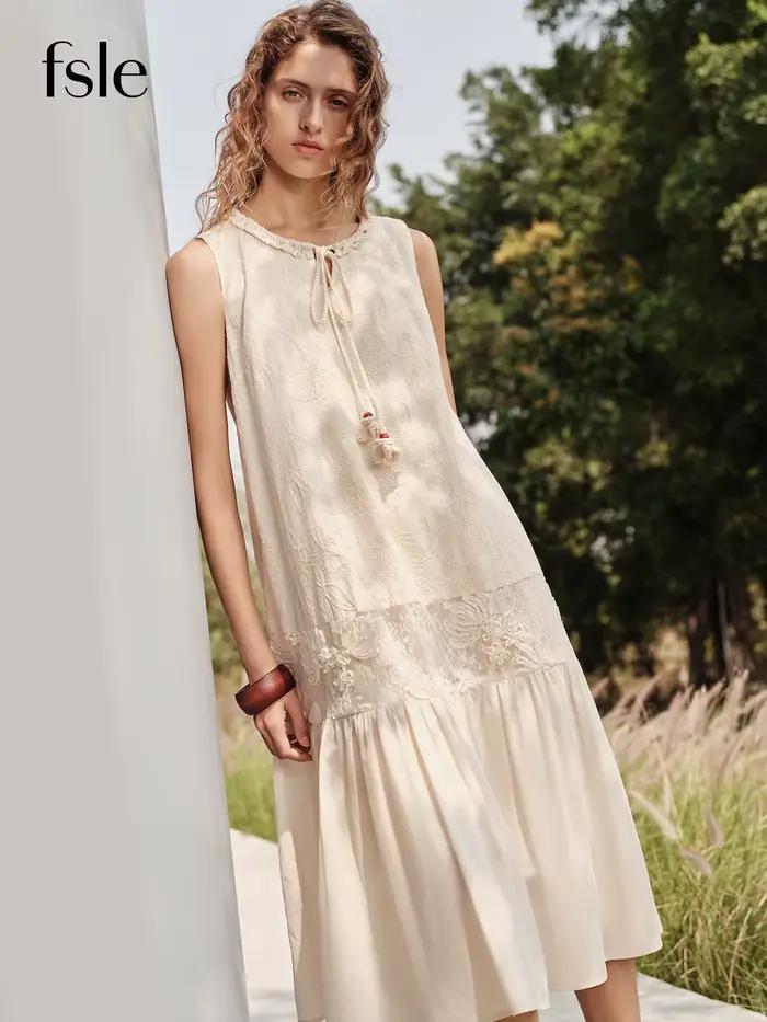 FSLE【Série Premium】Robes midi élégantes sans manches brodées en patchwork pour femmes, nouveau style