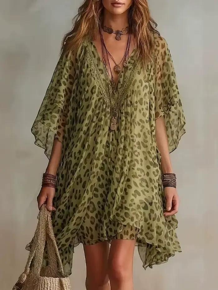 Robe d'été 2026 pour femme en mousseline à col en V, imprimé léopard, coupe irrégulière fluide, paré