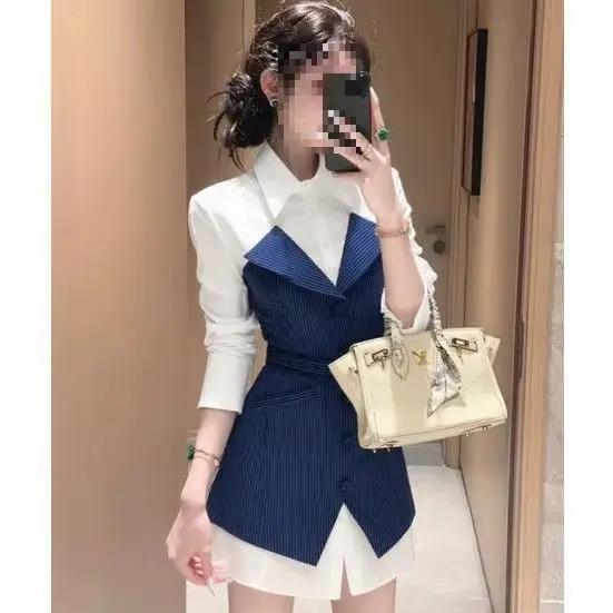 Robe chemise chic et formelle pour le travail, design minimaliste rayé, effet deux pièces, beauté au