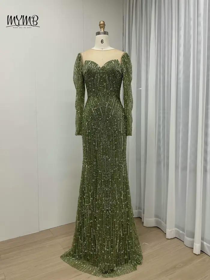MYMB-Robe de soirée sirène à manches longues et col rond pour femme, robe d'invité de mariage, gaine