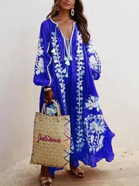 Robe longue imprimée style Boho pour femmes, ample, décontractée, col en V, à lacets, grand ourlet,