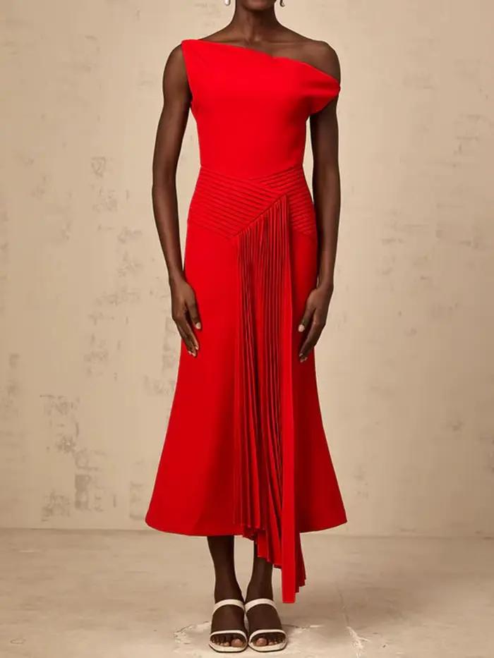 TWOTWINSTYLE – robe mi-longue élégante et amincissante pour femmes, couleur unie, col diagonal, épau