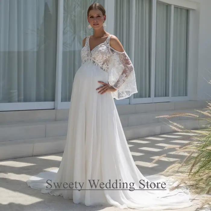 Robe de mariée pour mariée enceinte, personnalisée, manches chauve-souris détachables, col en V, tra