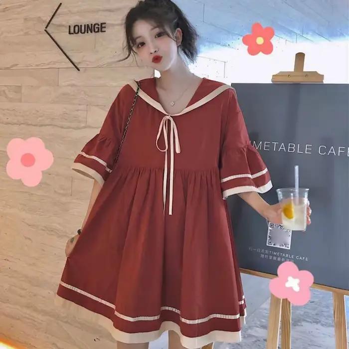 Robe trapèze à manches courtes évasées pour femmes, robe à lacets, plissée, rayée, adt Harajuku, étu