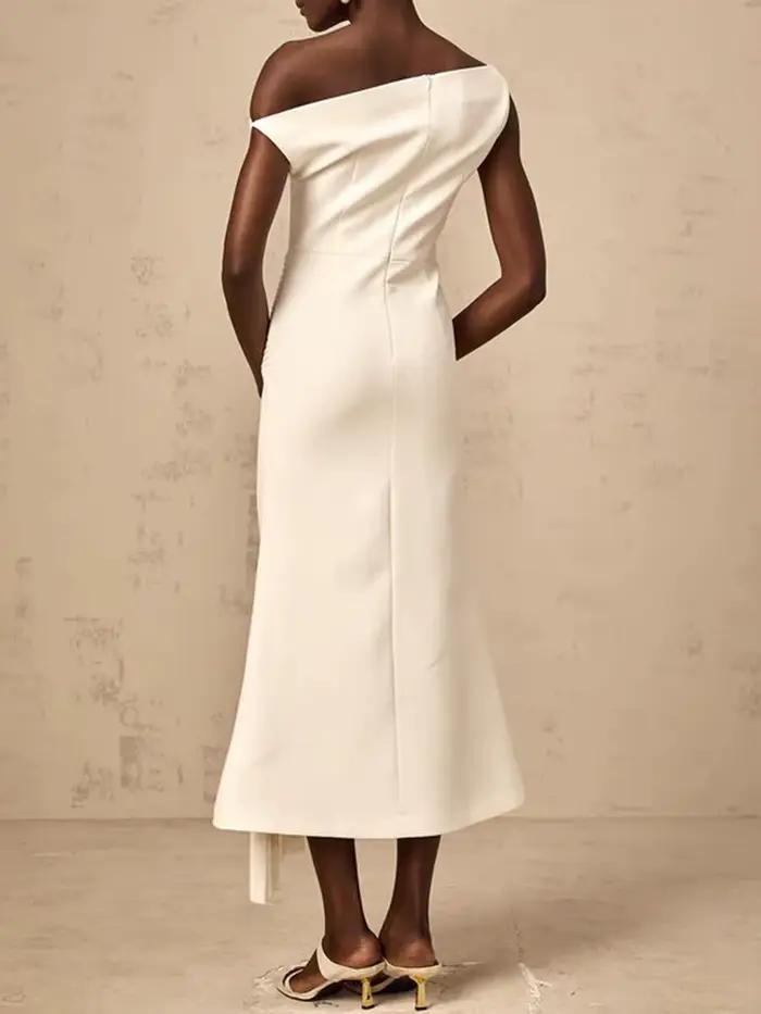TWOTWINSTYLE – robe mi-longue élégante et amincissante pour femmes, couleur unie, col diagonal, épau
