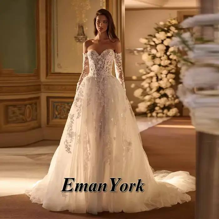 EmanY Robe De mariée fantaisie pour mariée avec Appliques hors De l'épaule a-ligne bouton Tulle Robe