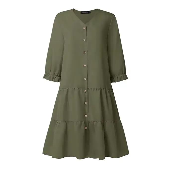 ZANZEA Robes décontractées minimalistes à volants pour femmes, manches 3/4 bouffantes, boutonnées, c