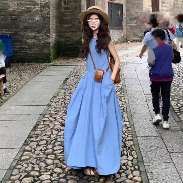 Robe longue d'été pour femme, nouveau design, style vacances à la française, bleue, col rond, coupe