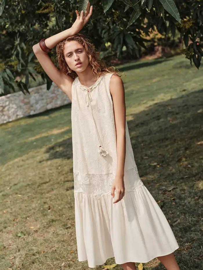 FSLE【Série Premium】Robes midi élégantes sans manches brodées en patchwork pour femmes, nouveau style