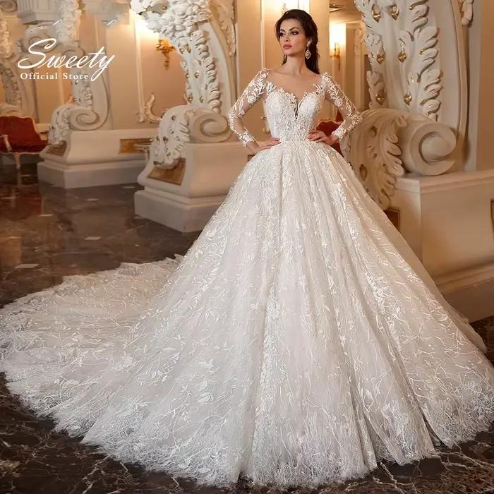 Robe de Mariée de Luxe en Dentelle Brodée avec Perles, Tenue à Col Rond, Manches sulf, lèvent Appliq
