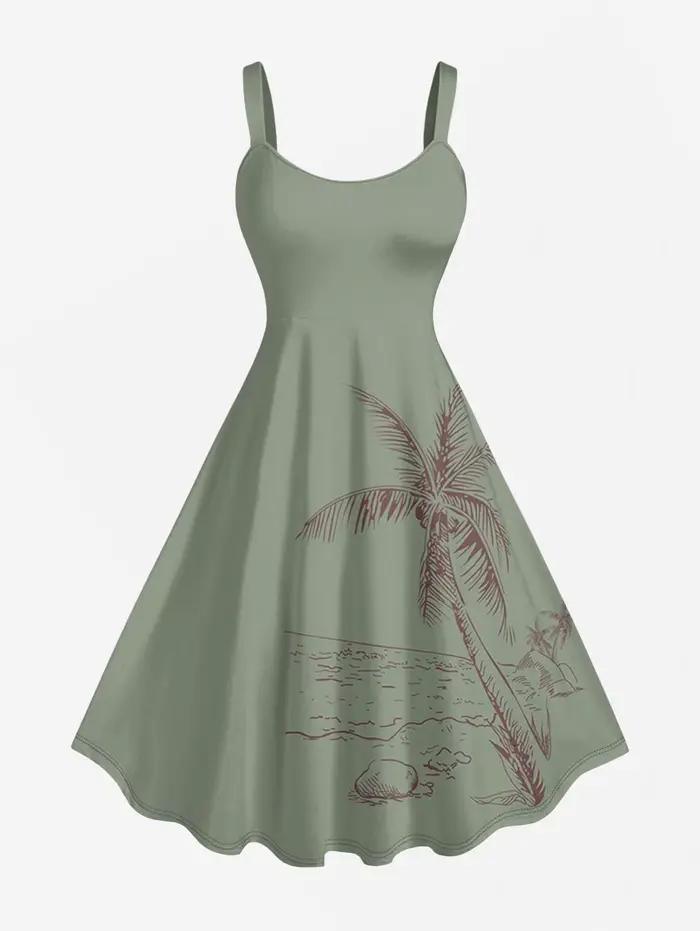 Robe débardeur hawaïenne pour femme, imprimé cocotiers et paysage marin, décontractée, sans manches,