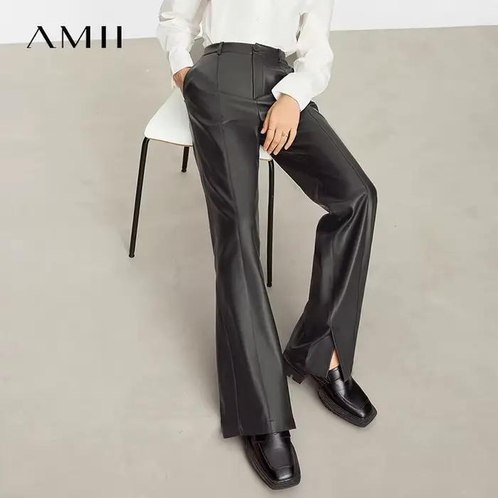 AMII minimaliste en cuir PU pantalons décontractés pour les femmes 2025 automne nouveau ample longue