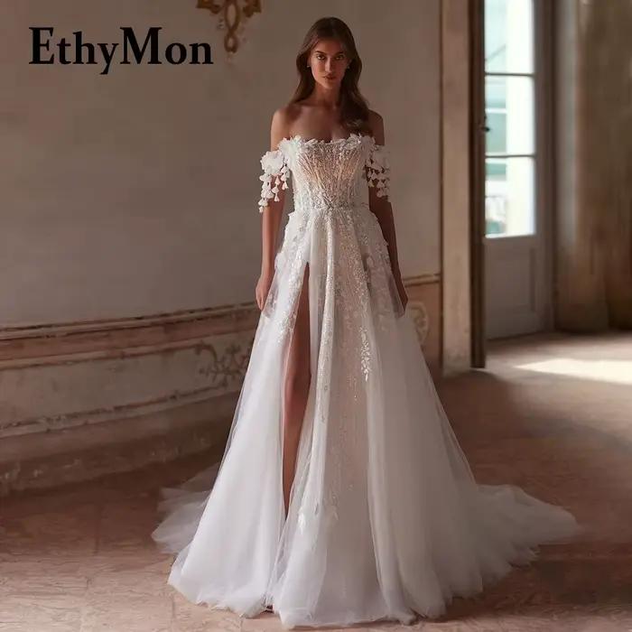 Robes de mariée Ethymon attrayantes coupe trapèze pour femme, avec fente haute et épaules dénudées,