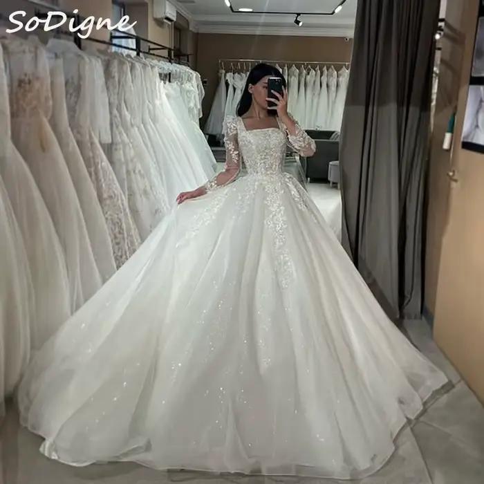 SoDigne-Robe de Mariée Trapèze en Tulle à Paillettes, Col Carré, Manches sulf, pour Patients, Longue