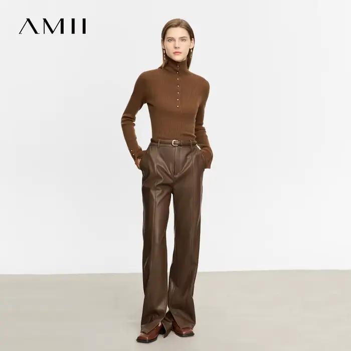 AMII minimaliste en cuir PU pantalons décontractés pour les femmes 2025 automne nouveau ample longue