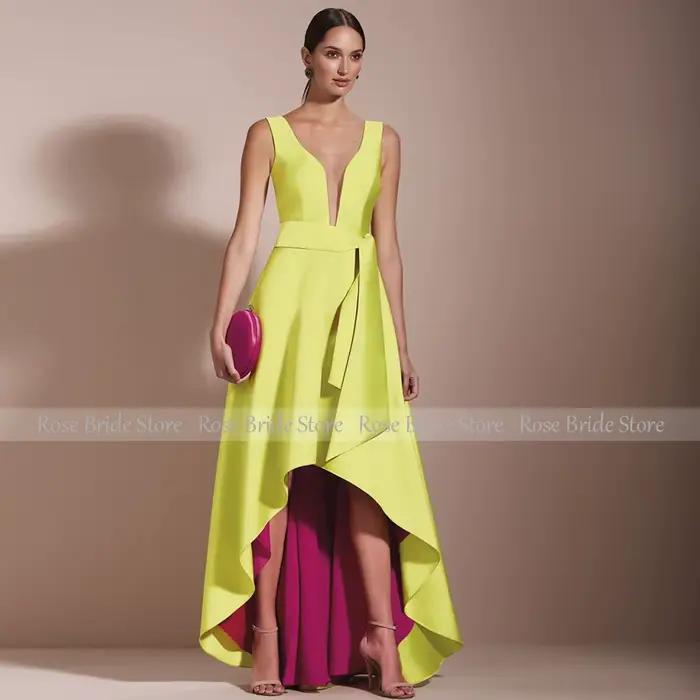 Robes de soirée formelles personnalisées pour femmes, col en V profond, coupe trapèze, asymétriques,