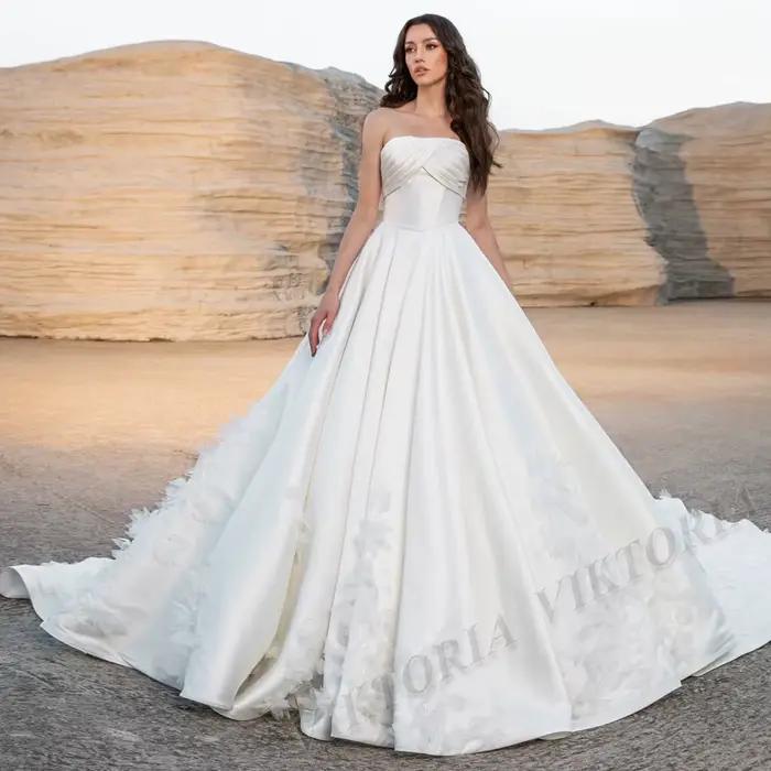 VIKTORIA Elegant Satin Wedding Dresses for Women A-line Strapless Pleat Appliques Court Train Vestid