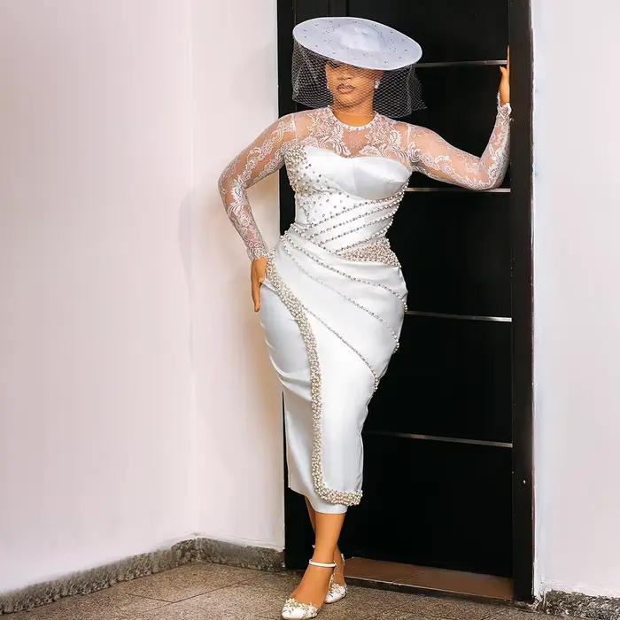 Robes de mariée civiles pour mariée col rond manches longues longueur de thé dentelle perles perles