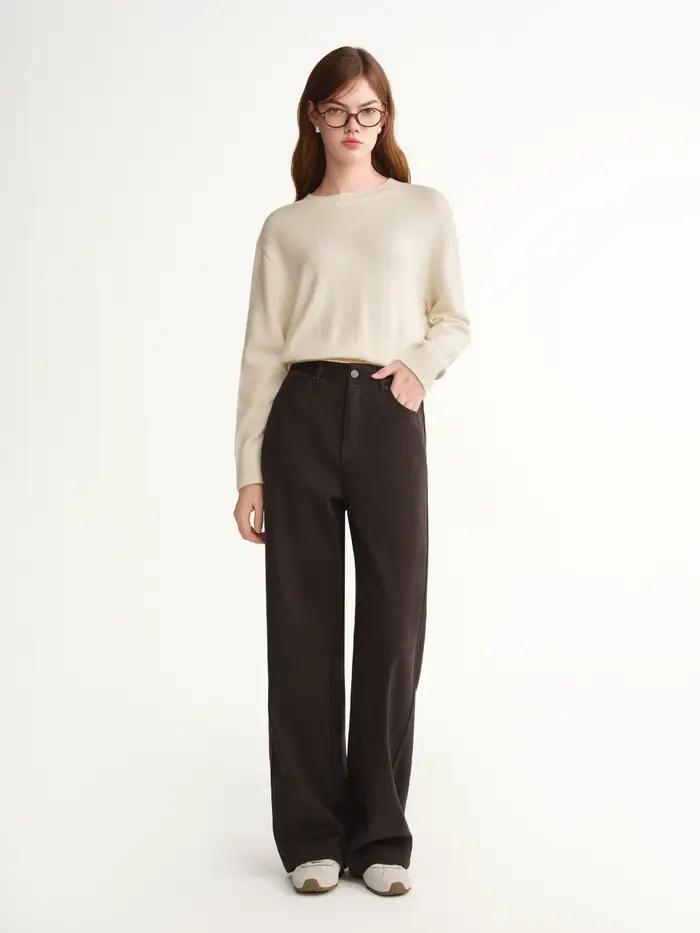 DUSHU 2025 Pantalon droit taille haute à jambes larges pour femme - Pantalon décontracté de bureau a