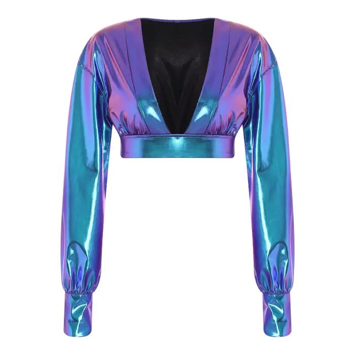 Chemisier brillant à manches bouffantes pour femme, tenue de fête Rave Festival Hip Hop, haut court