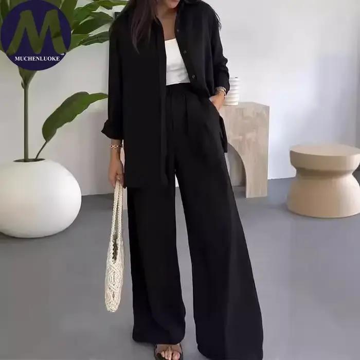 Ensemble 2 pièces d'été pour femme : Chemise à revers à manches longues et pantalon décontracté à ja