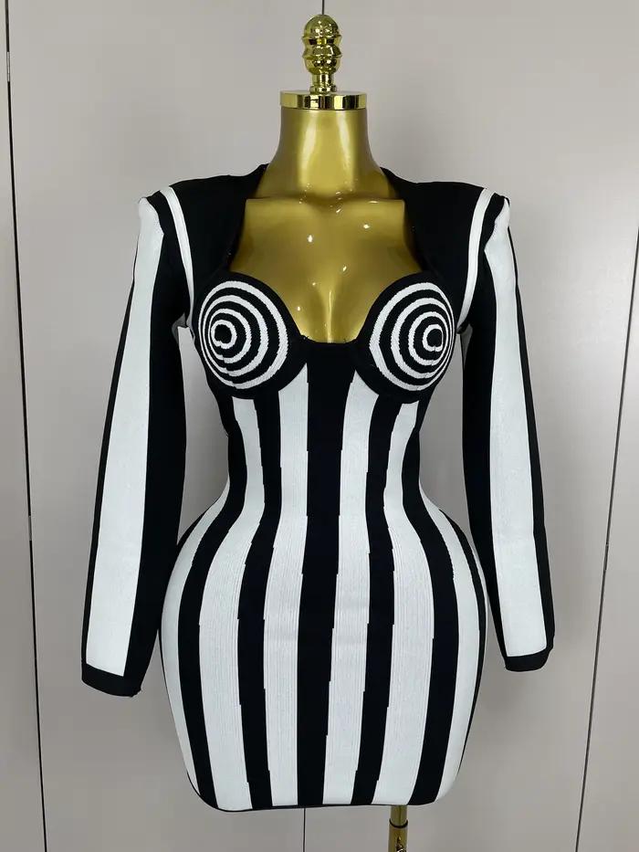 2025 luxe Sexy à manches longues rayure noir blanc Mini robe de pansement femmes tricoté célébrité é