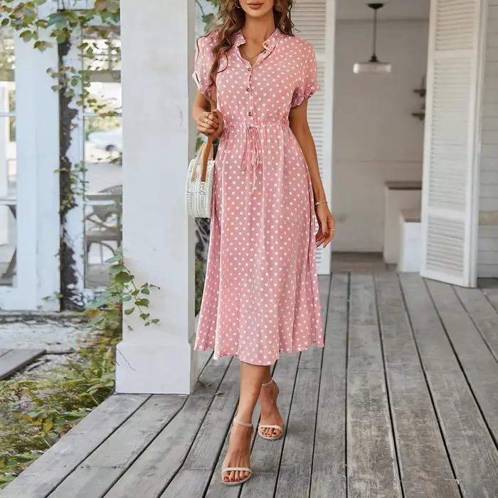 Robe mi-longue rétro élégante à pois pour femmes, col en V, simple boutonnage, manches courtes, robe