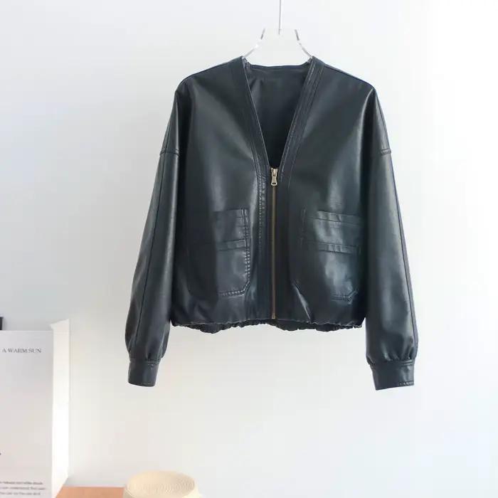 Blouson bomber en cuir PU pour femme — Veste zippée à col en V en similicuir avec ourlet élastique
