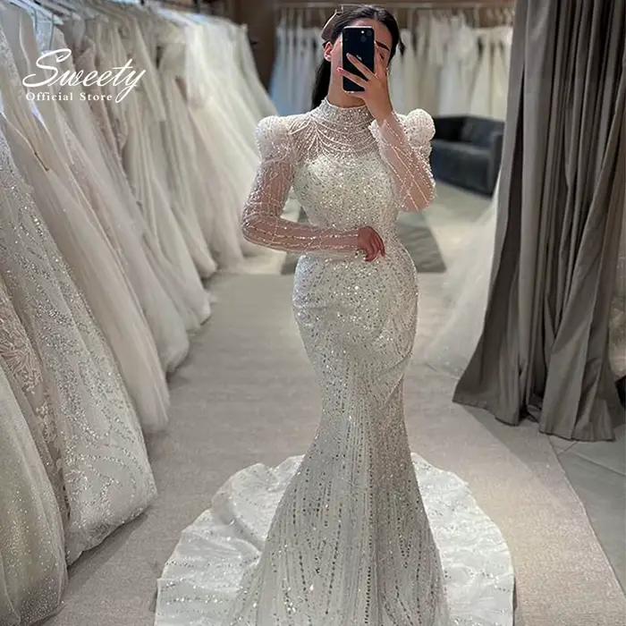 Robe de mariée sirène en dentelle à col haut avec perles, robe de Rhde luxe, robe de mariée à manche
