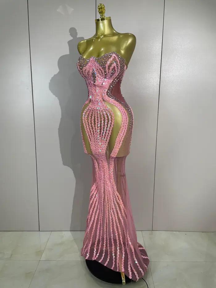 Robe longue sexy scintillante rose avec strass et paillettes, sans bretelles, en maille transparente
