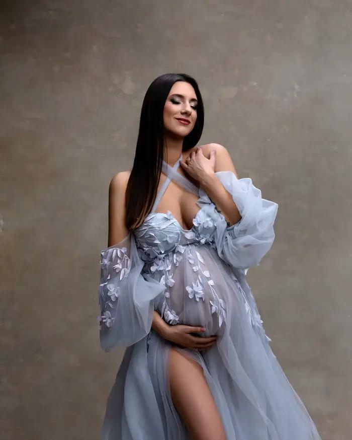 Fairy Blue Floral Matenity Dress Photoshoot Off Shoulder Illusion Soft Tulle Slit Maternity Dresses