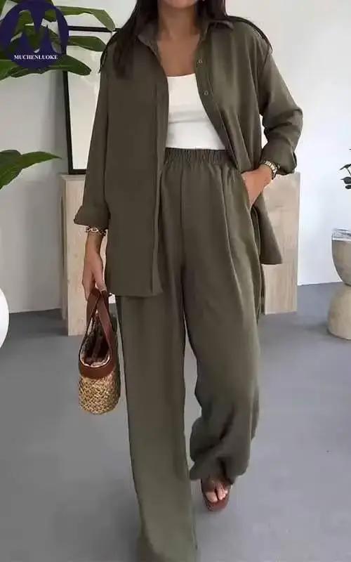 Ensemble 2 pièces d'été pour femme : Chemise à revers à manches longues et pantalon décontracté à ja