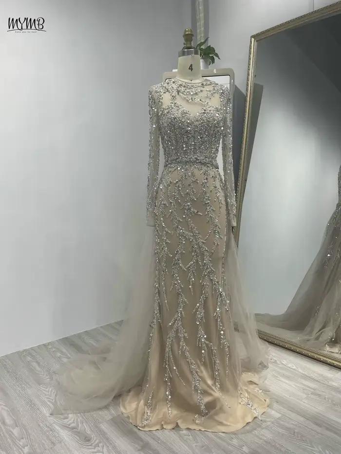 MYMB Champagne élégant encolure dégagée sirène robes d'occasion formelles musulman superbe perlée à