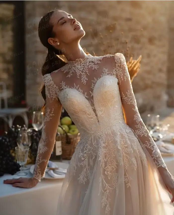 Robes de mariée A-Line personnalisées, appliques élégantes, col roulé, quelle que soit la tension tu