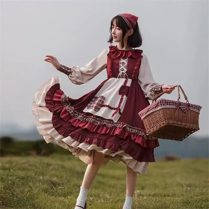 Robe Lolita pour filles, Vintage, Patchwork, robes rouges avec cape, mignonne, Bing Cosplay, petit c