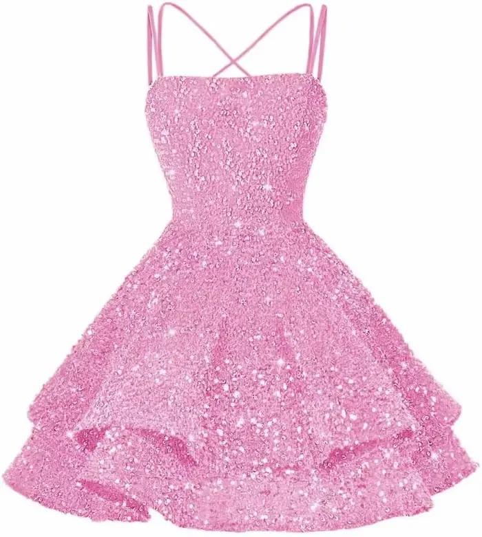 Robe de soirée courte à paillettes, col carré, scintillante, pour adolescentes, robe de bal, séance