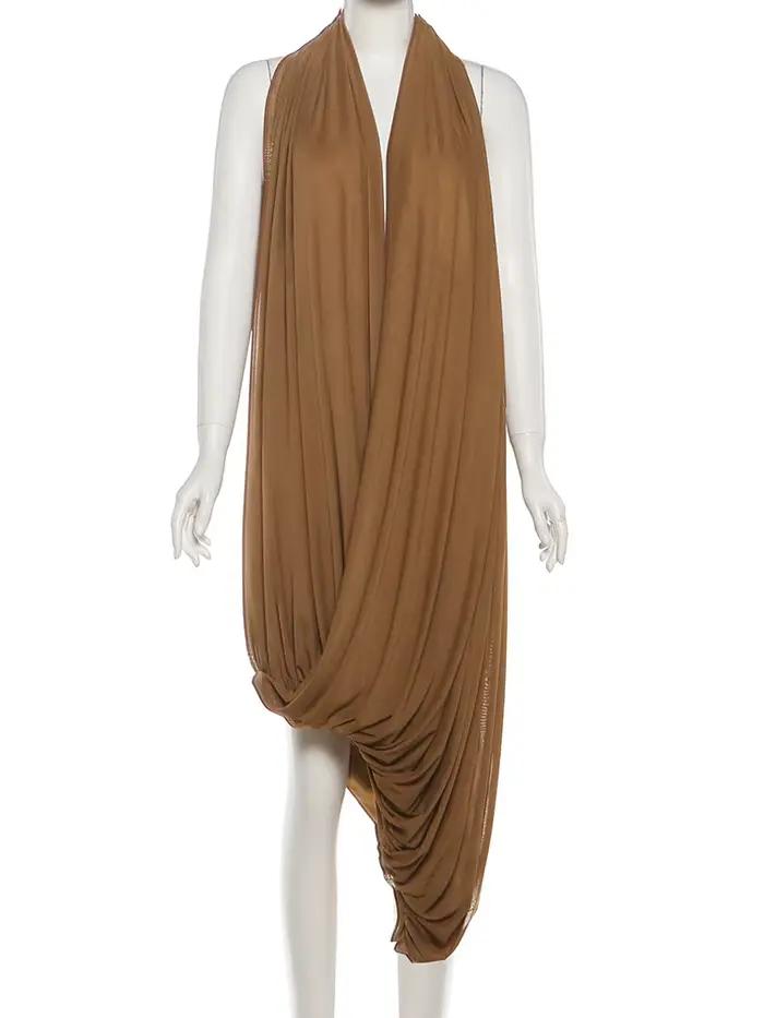 Nibber froncé licou robe Maxi femmes sans manches dos nu ourlet irrégulier solide vacances classique