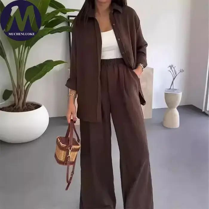 Ensemble 2 pièces d'été pour femme : Chemise à revers à manches longues et pantalon décontracté à ja