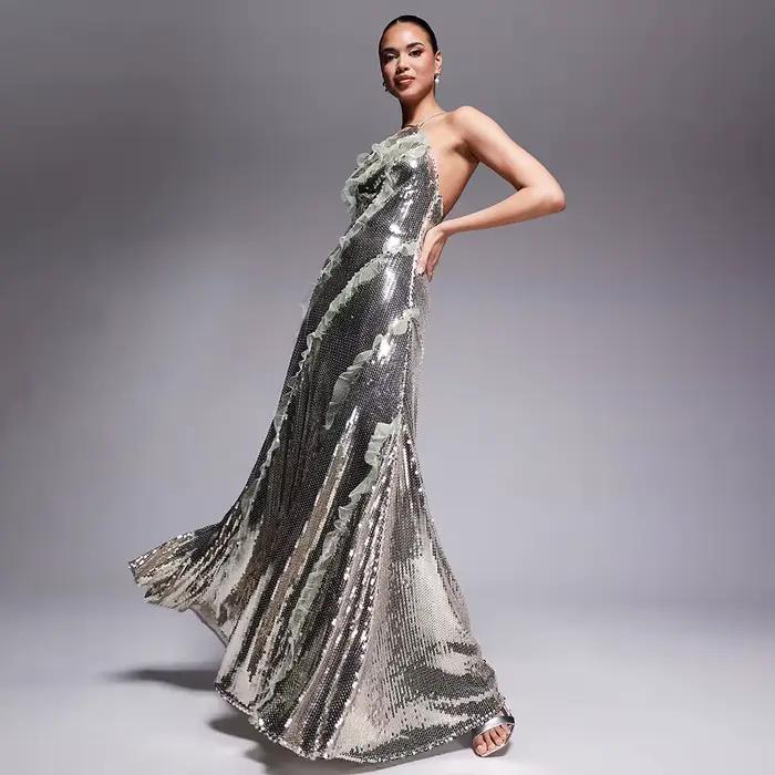 Robe de soirée élégante à paillettes pour femmes, col licou, à paillettes, de haute qualité, ligne a