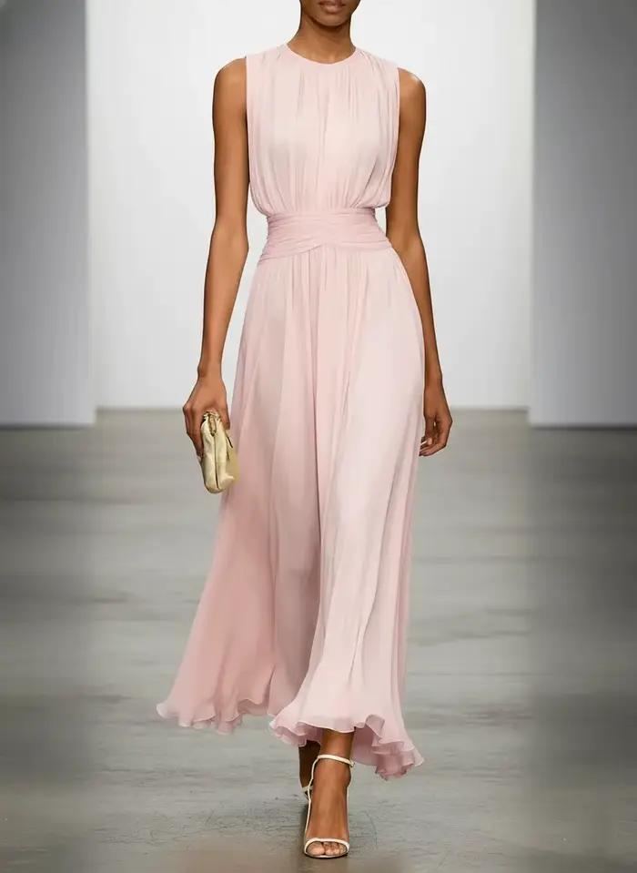 Robe longue en mousseline de soie pour femme, col rond, sans manches, taille torsadée froncée, ferme