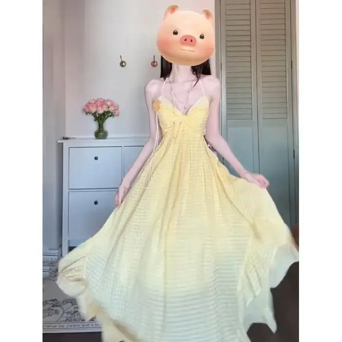 Robe longue de plage style vacances à la française, col en V, sexy, sans bretelles, pour femme, été,