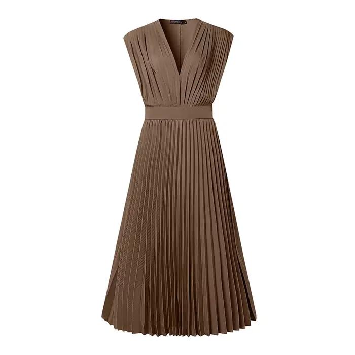 ZANZEA Femme élégante plissée a-ligne robes longues mode col en v sans manches taille haute fête rob