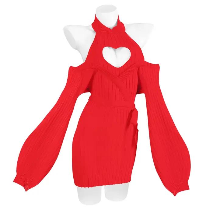 Robe en tricot bleu sexy à motif d'automne et de cœur, bretelles, dos nu, pull à col roulé doux pour