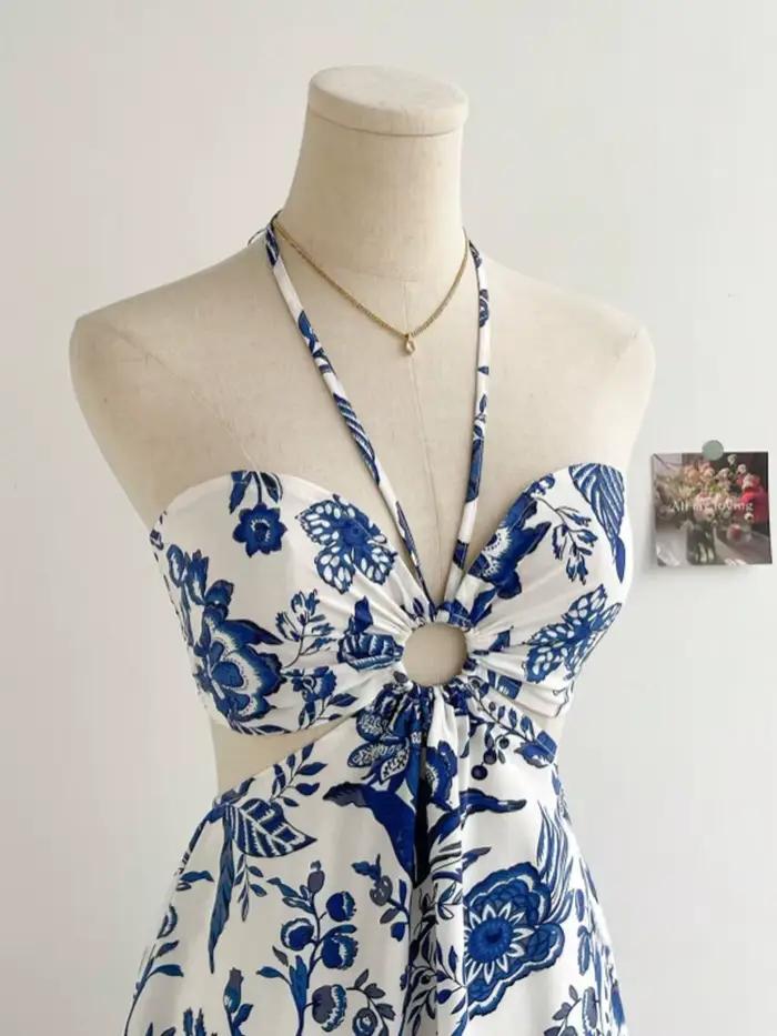 Robe romantique à imprimé Floral pour femmes, col licou, Sexy, à la mode, facile à créer, paresseux,