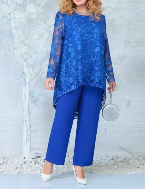 Ensemble 2 pièces en dentelle pour femmes grandes tailles, chemisier à manches longues, pantalon dro