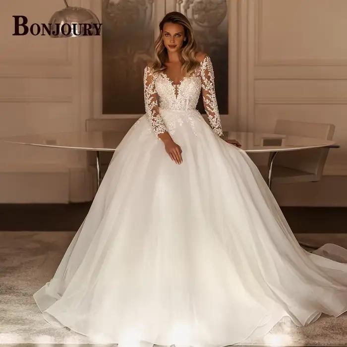 BONChain-Robe de mariée en tulle à encolure dégagée pour femme, manches longues, appliques plissées,