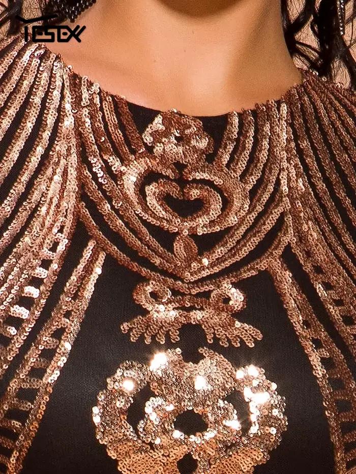Yesexy-Robe élégante à paillettes pour femmes, col rond, manches longues, mini batterie, robe de soi