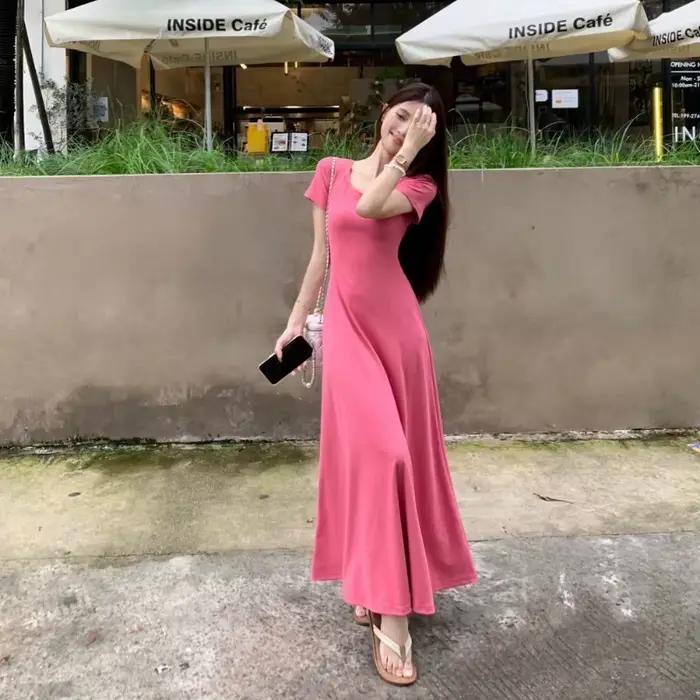 ZMZBCH nouvelle robe coréenne à manches courtes pour femmes, couleur unie, pour l'été, effet amincis