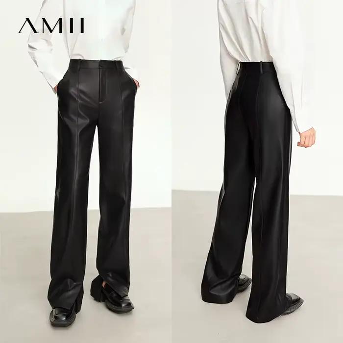AMII minimaliste en cuir PU pantalons décontractés pour les femmes 2025 automne nouveau ample longue