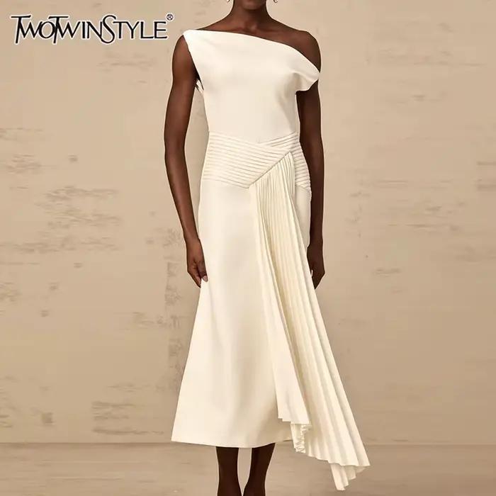 TWOTWINSTYLE – robe mi-longue élégante et amincissante pour femmes, couleur unie, col diagonal, épau